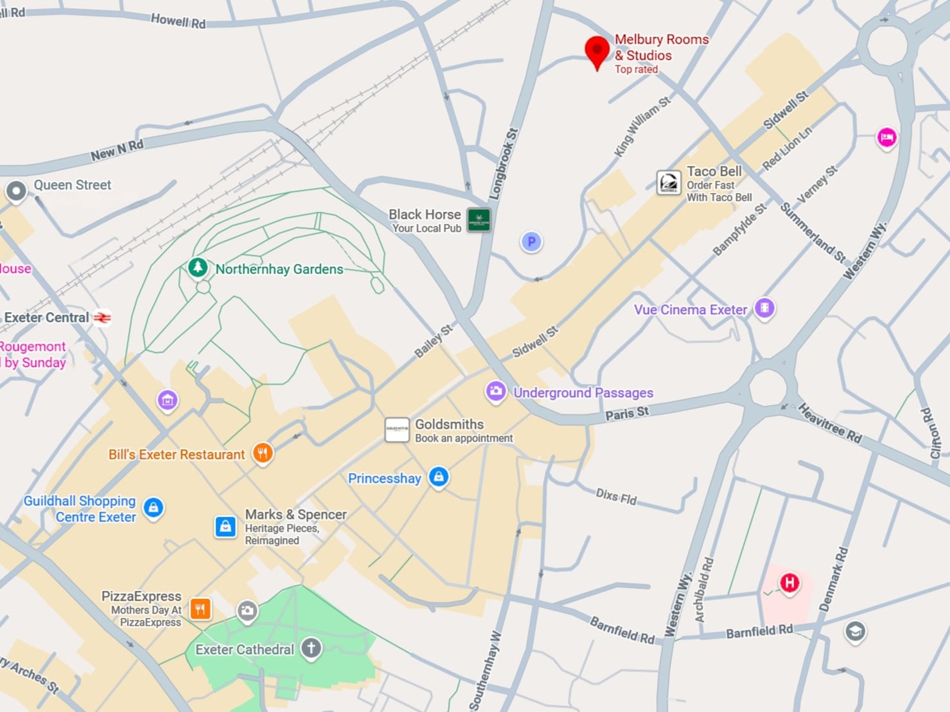 Map of exeter with Melbury Rooms &amp; Studios highlighted